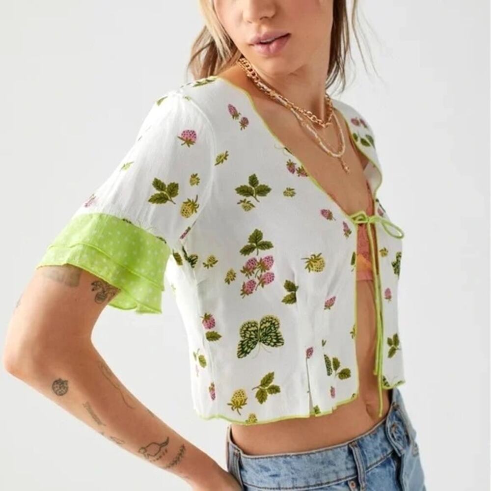 Urban Outfitters Butterfly Strawberry Novelty Print Tie Front Cardigan Blouse